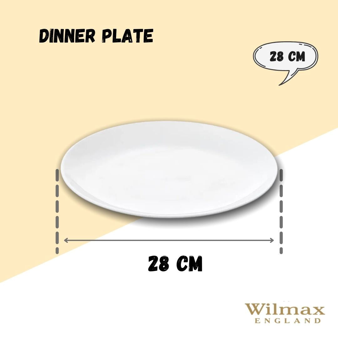White round dinner plate, 28 cm diameter, with smooth rim.