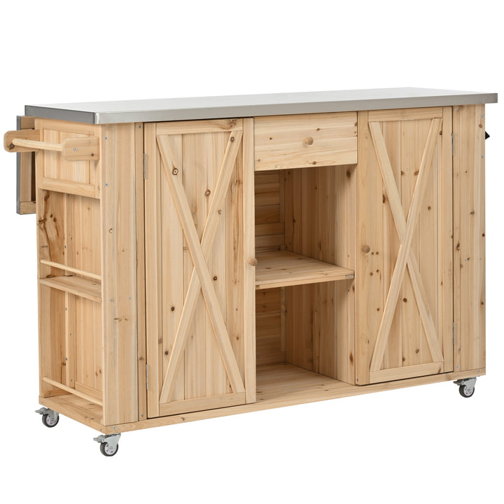 Fir Wood Kitchen Island with Stainless Steel Top
