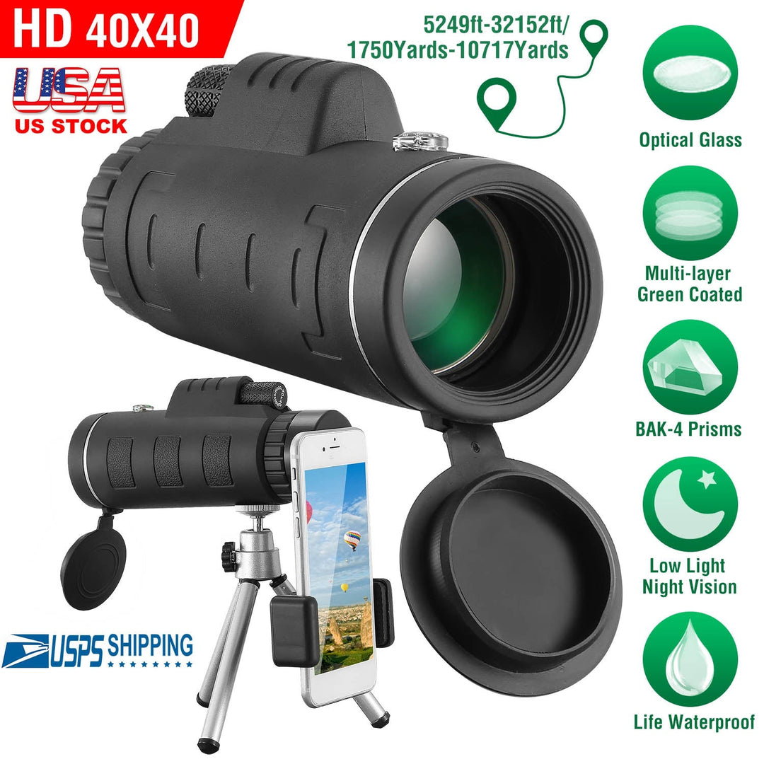 Black HD 40x40 monocular telescope with phone mount and tripod stand
