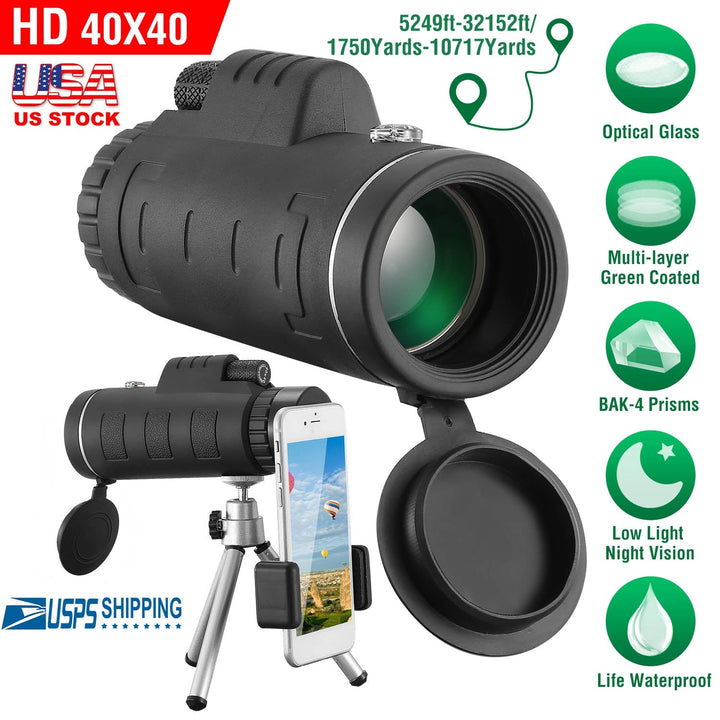 Black HD 40x40 monocular telescope with phone mount and tripod stand