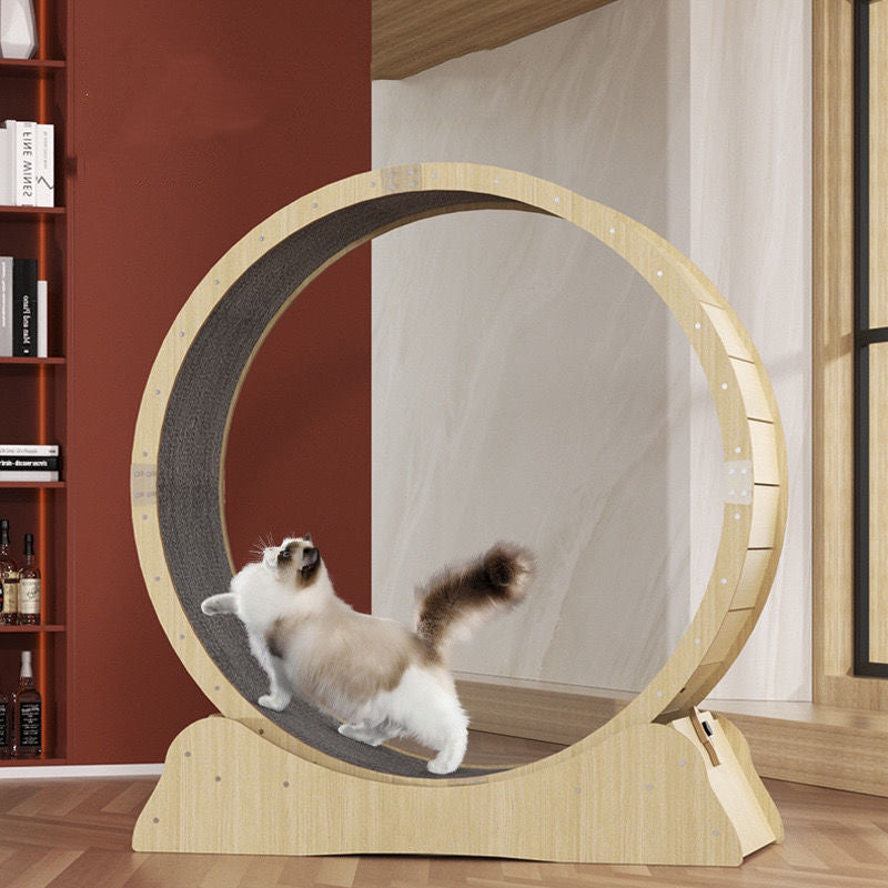 Wood cat exercise wheel with circular frame and gray sisal scratching track