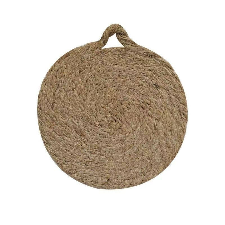 Round woven natural trivet with top handle loop, full front view