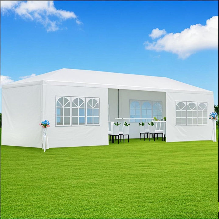 White outdoor canopy tent with windowed side panels and open entrance