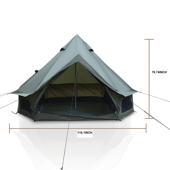 Family bell tent with dark inner mesh, open front and triangular canopy