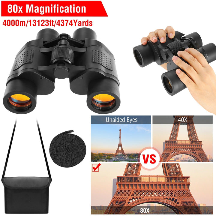 Black binoculars with shoulder strap bag, lens covers, and small carrying pouch