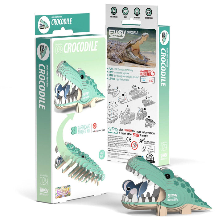 Crocodile 3D puzzle set, teal segmented model and assembled figure shown with box