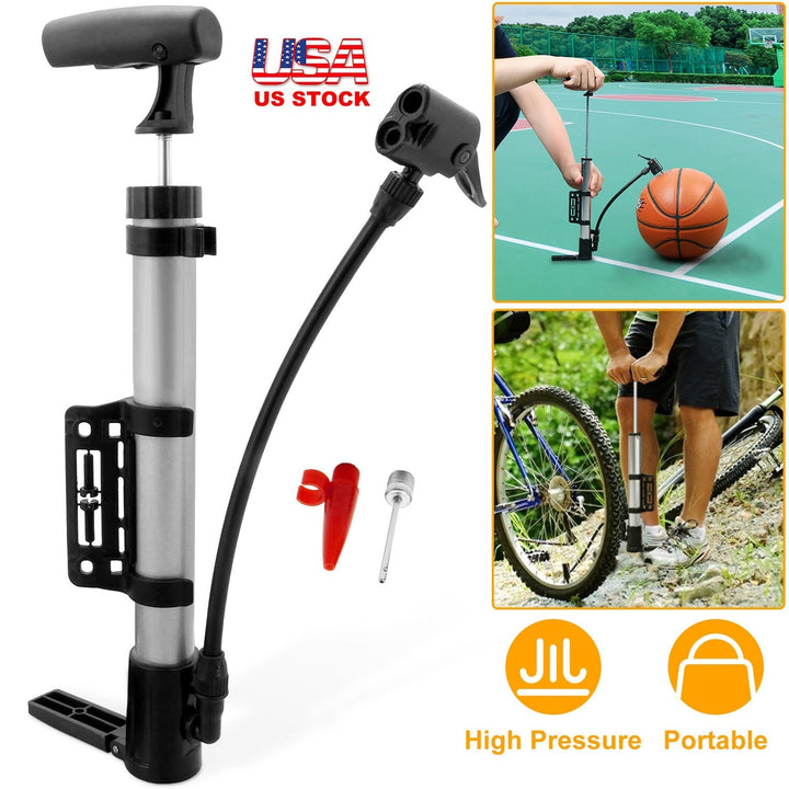 Mini bike tire inflator pump with mounting bracket and included red and metal nozzle