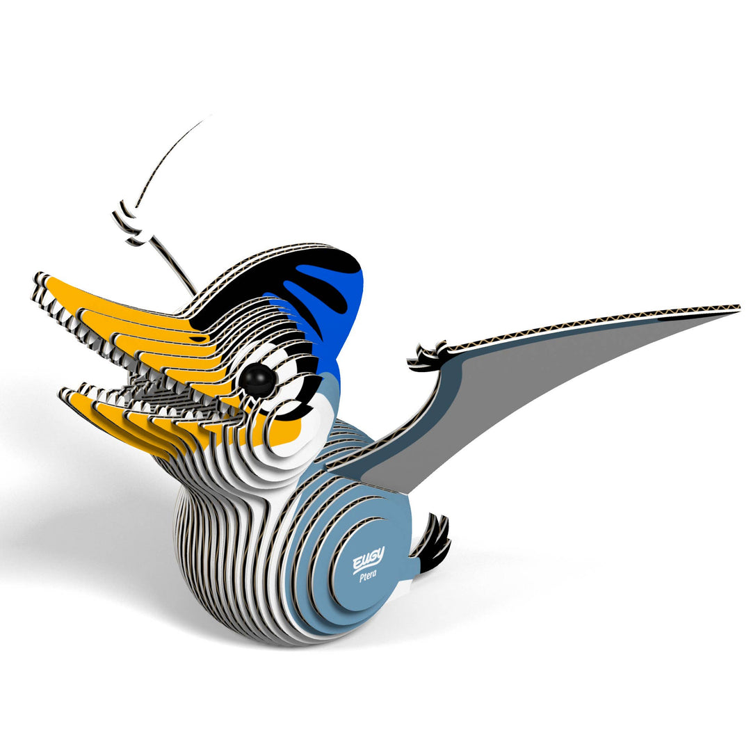 Ptero 3D puzzle model with blue crest and yellow beak, wings spread