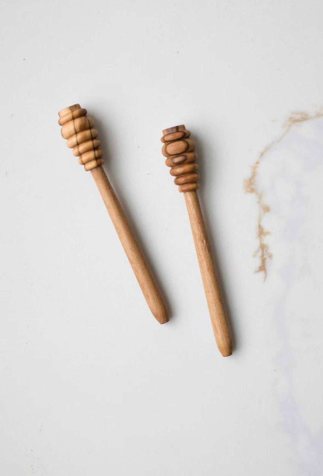 Olive wood honey dipper pair with ribbed scoop ends, wooden handles