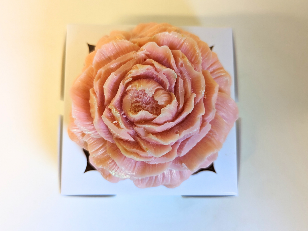 Scented wax flower freshener bloom in a white box with hinged sides