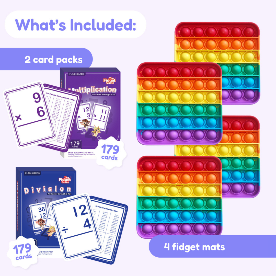 Math card bundle with two card packs and four rainbow pop fidget mats