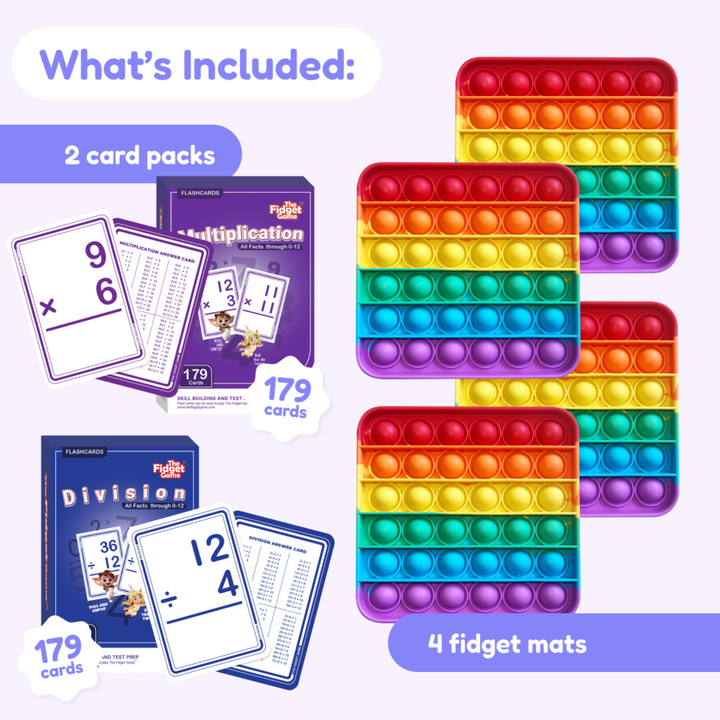 Math card bundle with two card packs and four rainbow pop fidget mats