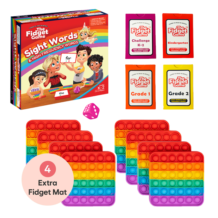 Sight words game box with four word cards and rainbow fidget pop-it mats