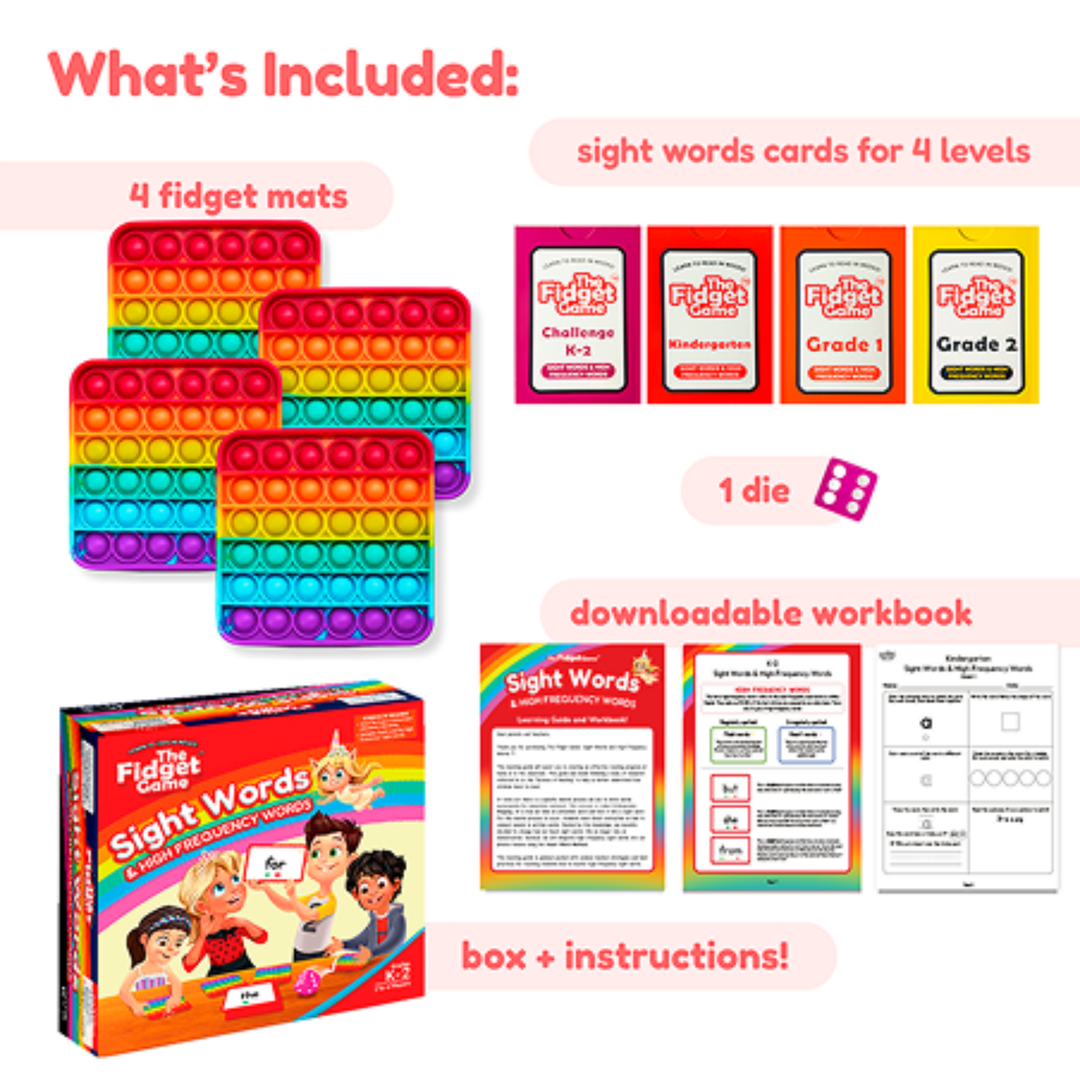 Sight words board game kit with rainbow fidget mats, level cards, and instructions
