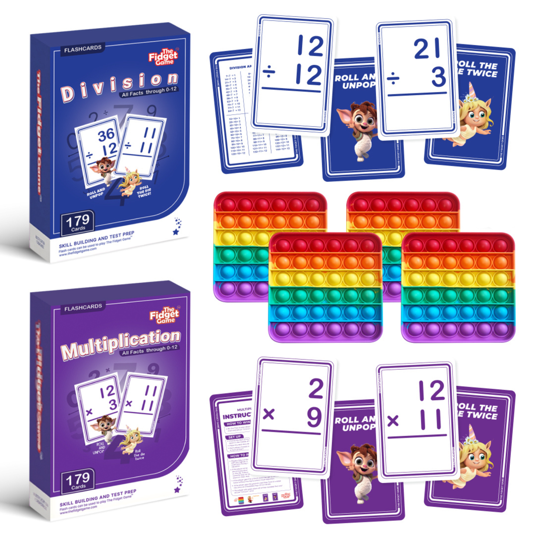Math card pack bundle with division and multiplication flash cards plus fidget mats