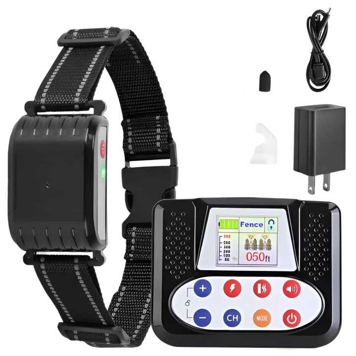 Black wireless dog training collar with handheld remote and charging accessories