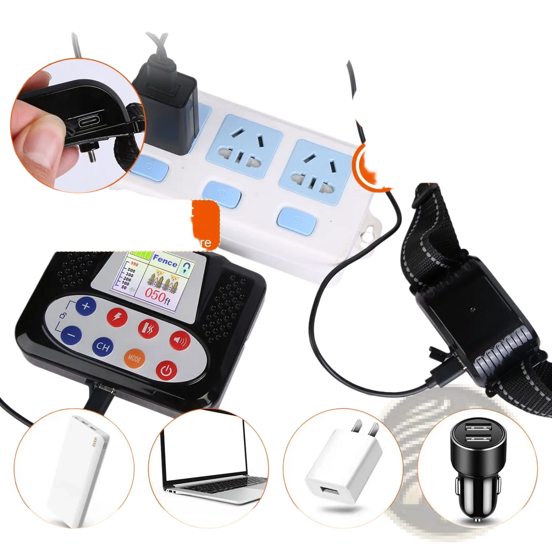 Charging components: adapter plug, Type-C cable, transmitter and black collar receiver