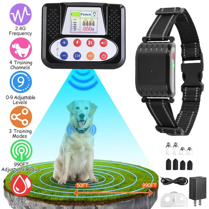 Wireless dog fence training remote with LCD screen and black receiver collar with strap