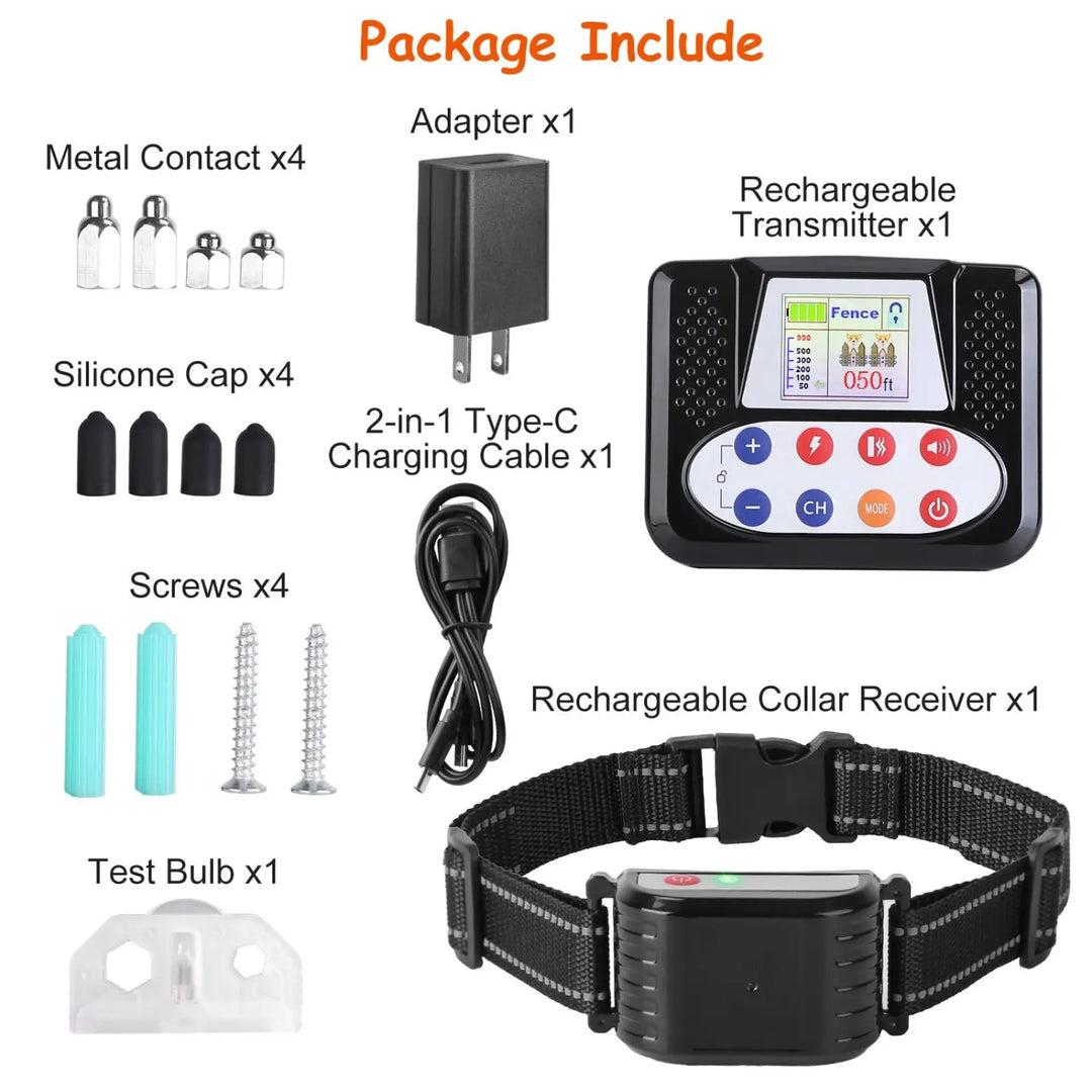 Package includes transmitter, rechargeable receiver collar, Type-C cable, adapter and contacts
