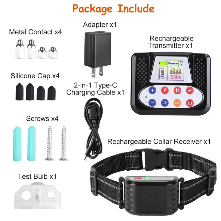 Package includes transmitter, rechargeable receiver collar, Type-C cable, adapter and contacts