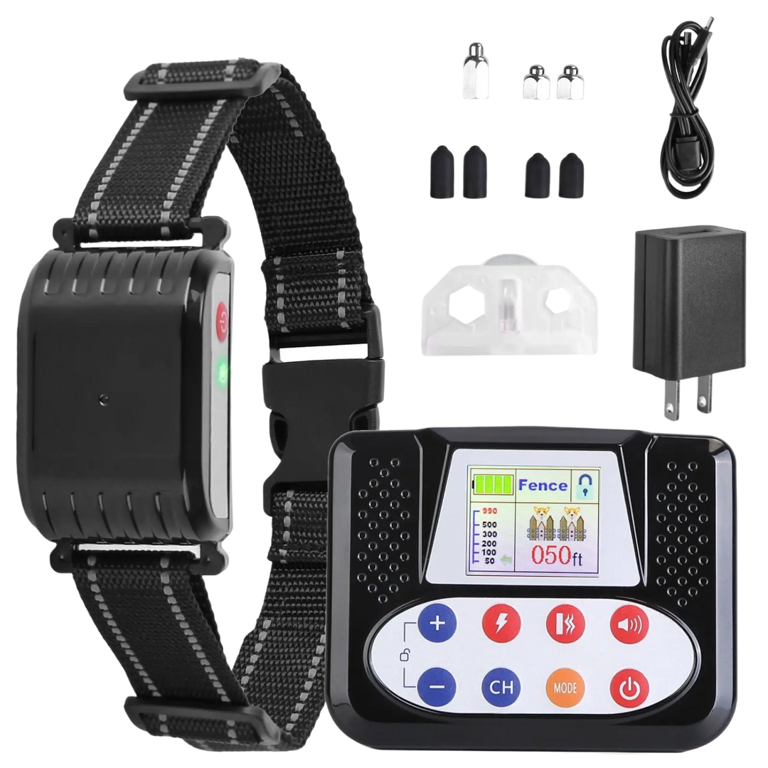 Wireless dog training collar with LCD screen, adjustable strap, and charging accessories