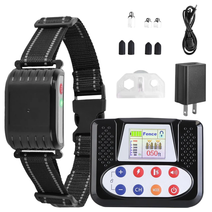 Wireless dog training collar with LCD screen, adjustable strap, and charging accessories