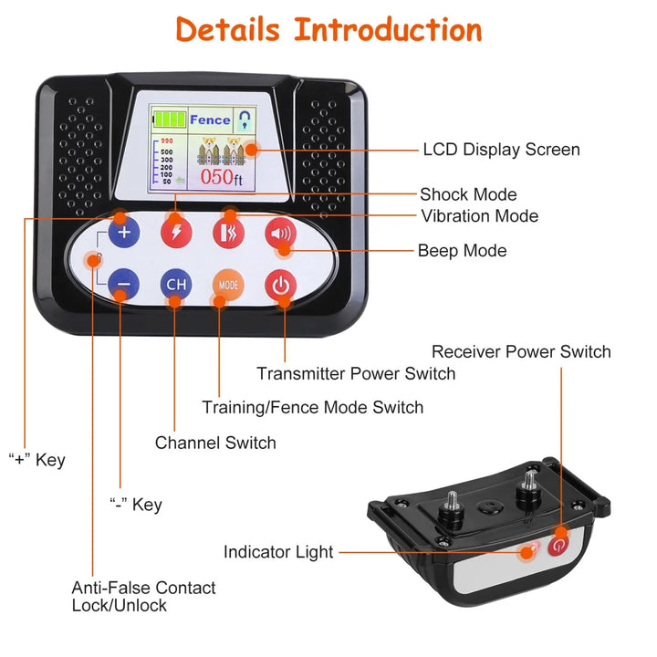 Black dog fence training remote with LCD display, shock/vibration/beep buttons