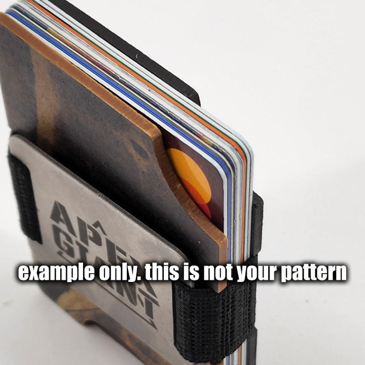 Close-up of minimalist wallet showing black elastic strap and card stack edge