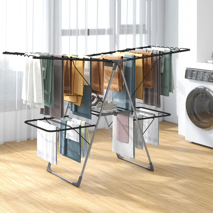 2-tier clothes drying rack, black frame, two gullwing tiers with hanging shirts