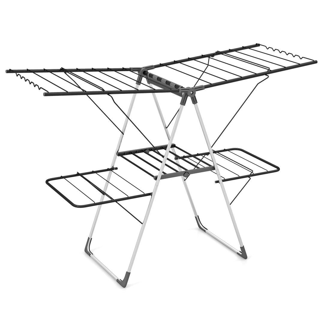 2-tier clothes drying rack with black frame, white legs, two drying tiers
