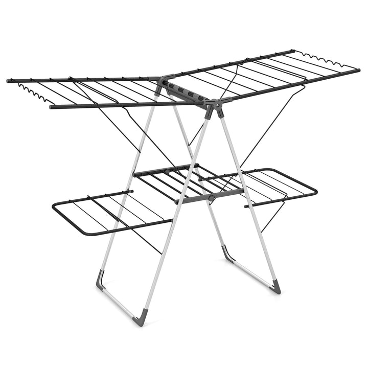 2-tier clothes drying rack with black frame, white legs, two drying tiers