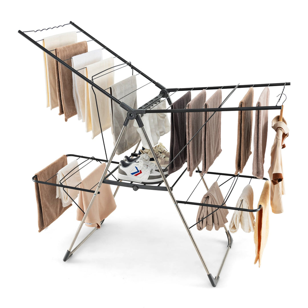 2-tier clothes drying rack with black top rails, gullwing tiers, hanging clothes and shoes