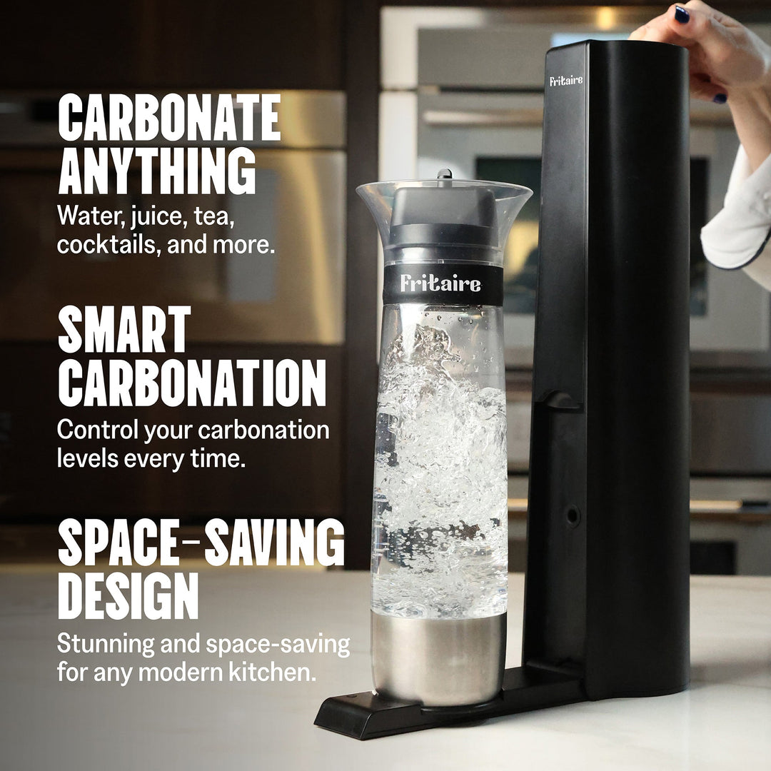 Fritaire soda maker machine with black canister and clear carbonation bottle on base