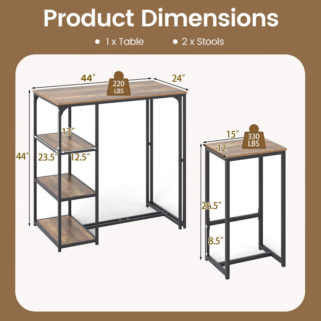 Product dimensions diagram for 1 bar table and 2 bar-height stools, with measurements