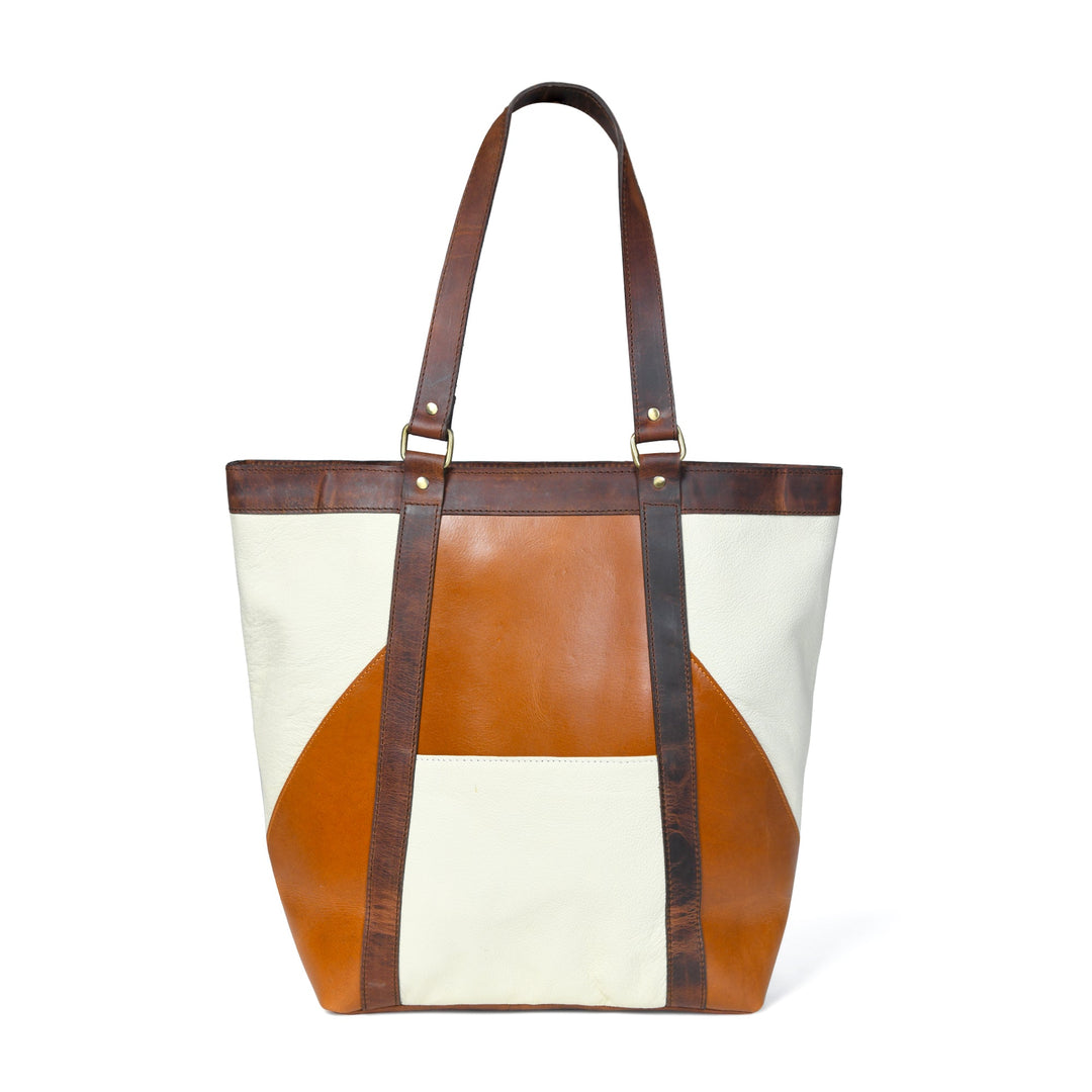 Cream and brown leather tote with structured shape and top handles