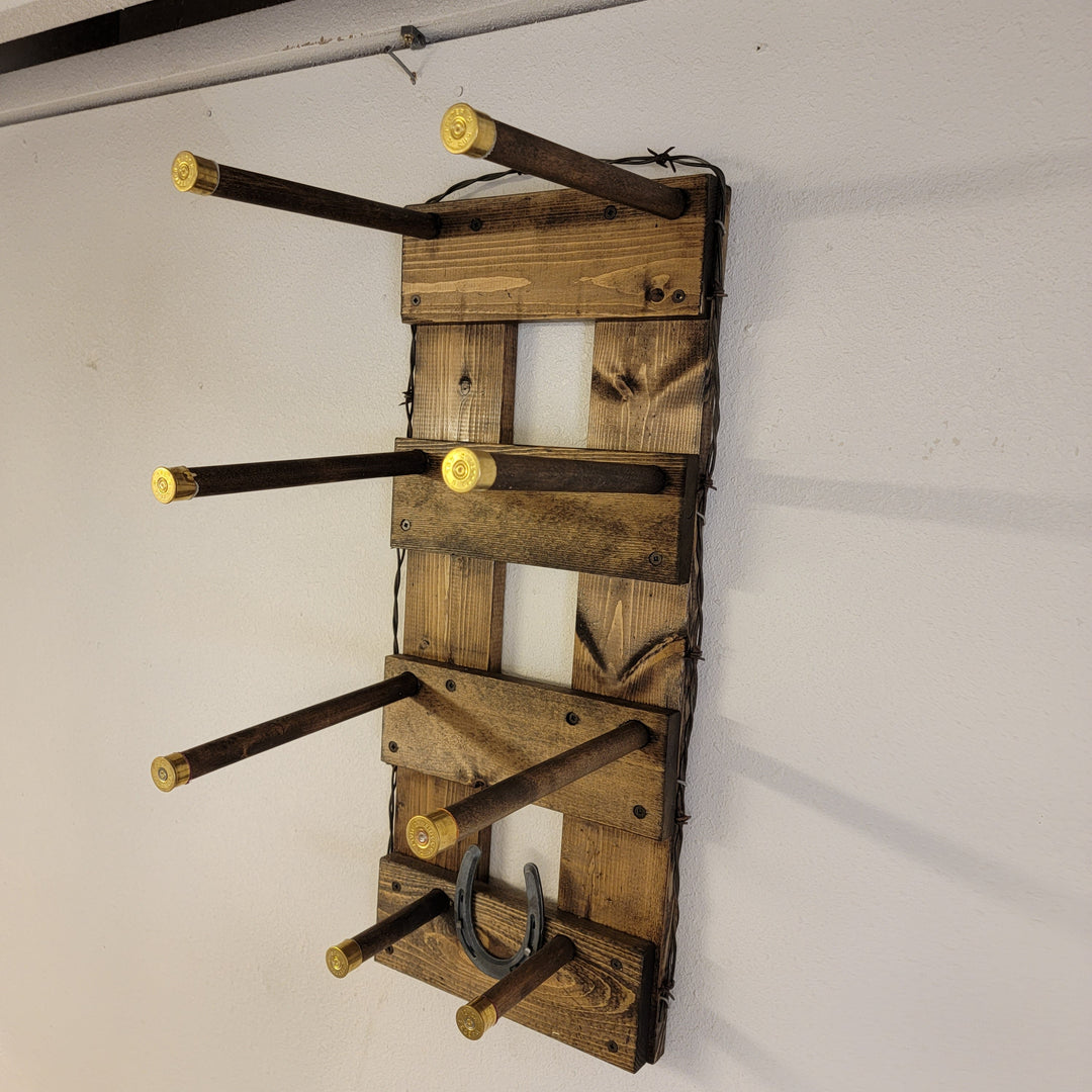 Vertical wall-hanging western hat organizer with multiple hat pegs and bars