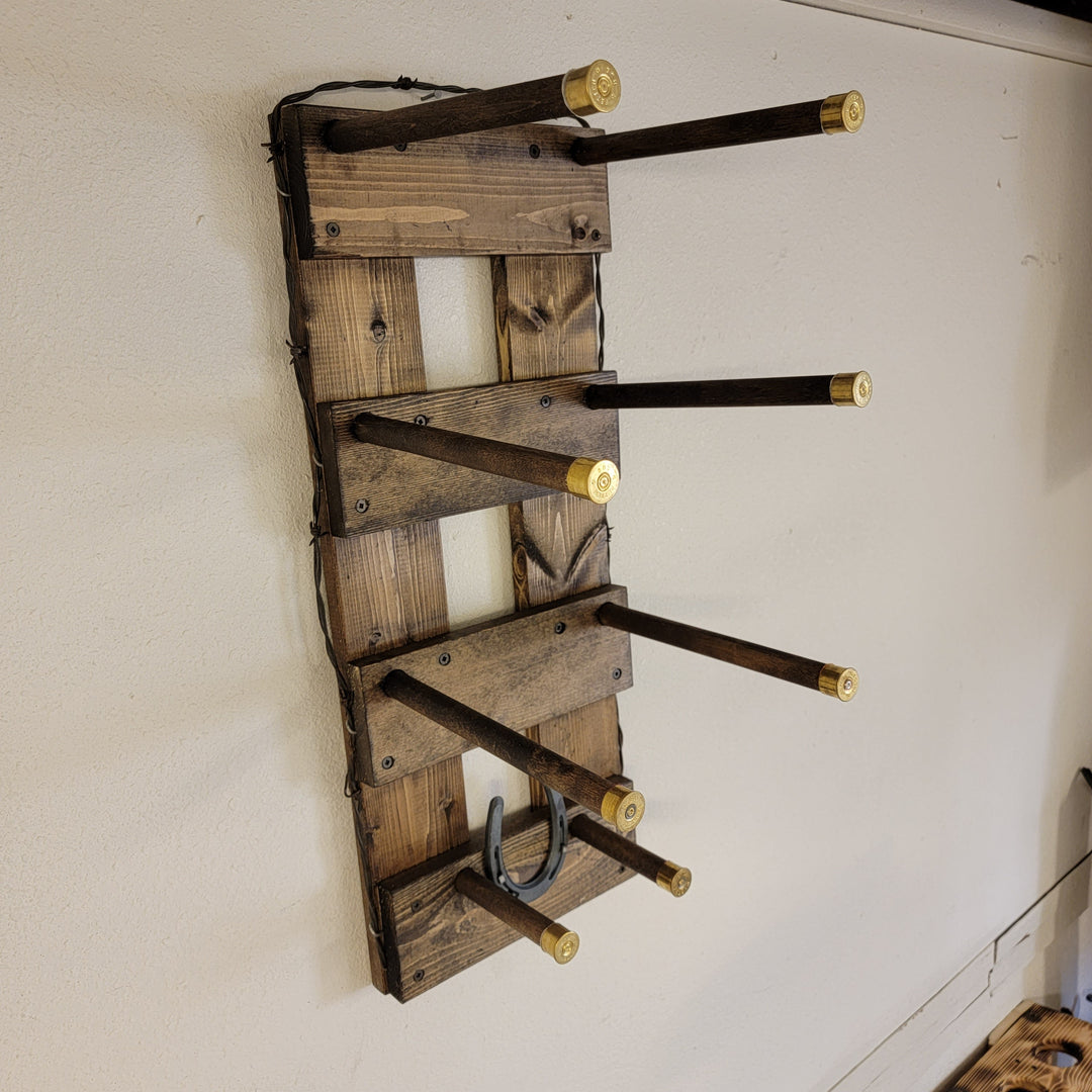 Wood wall-hanging hat organizer with horizontal bars and hanging hat hooks