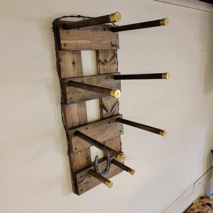 Wood wall-hanging hat organizer with horizontal bars and hanging hat hooks