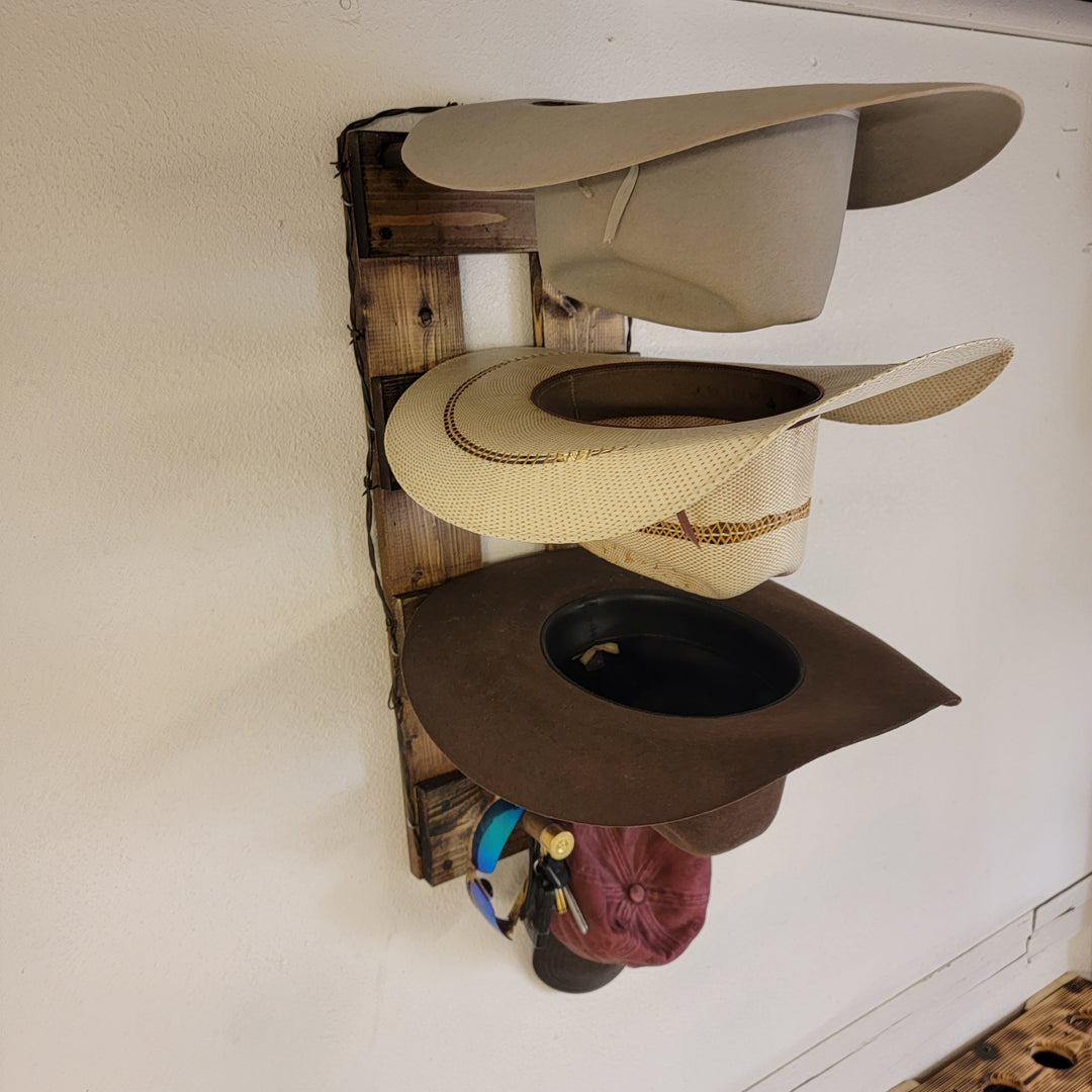 Vertical wall-hanging hat organizer with wood backing and three hat holders
