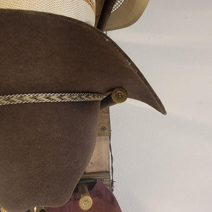 Close-up of dark brown hat edge and brass peg hardware on wood organizer