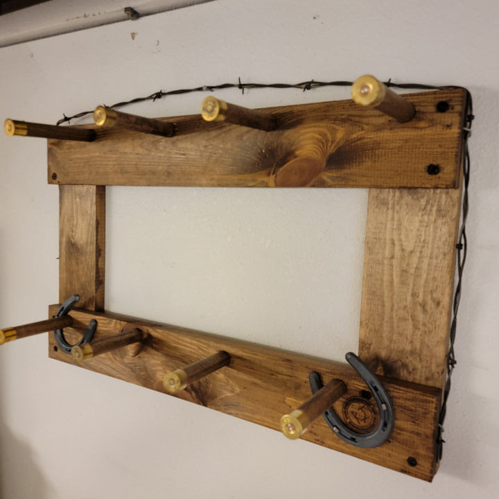 Vertical wall-hanging ball cap organizer wooden rails with multiple metal hooks