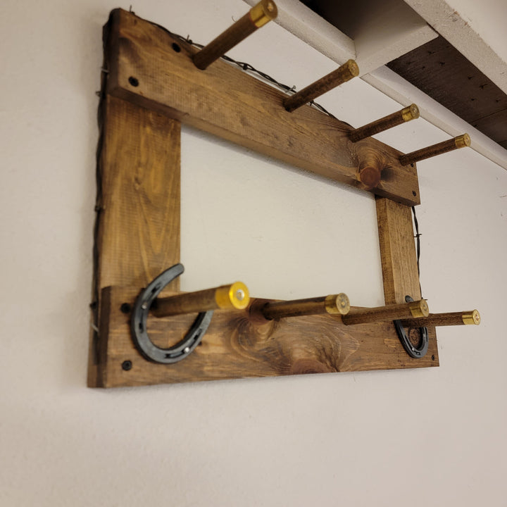 Vertical wall-hanging ball cap organizer corner view with metal U hooks and wood frame