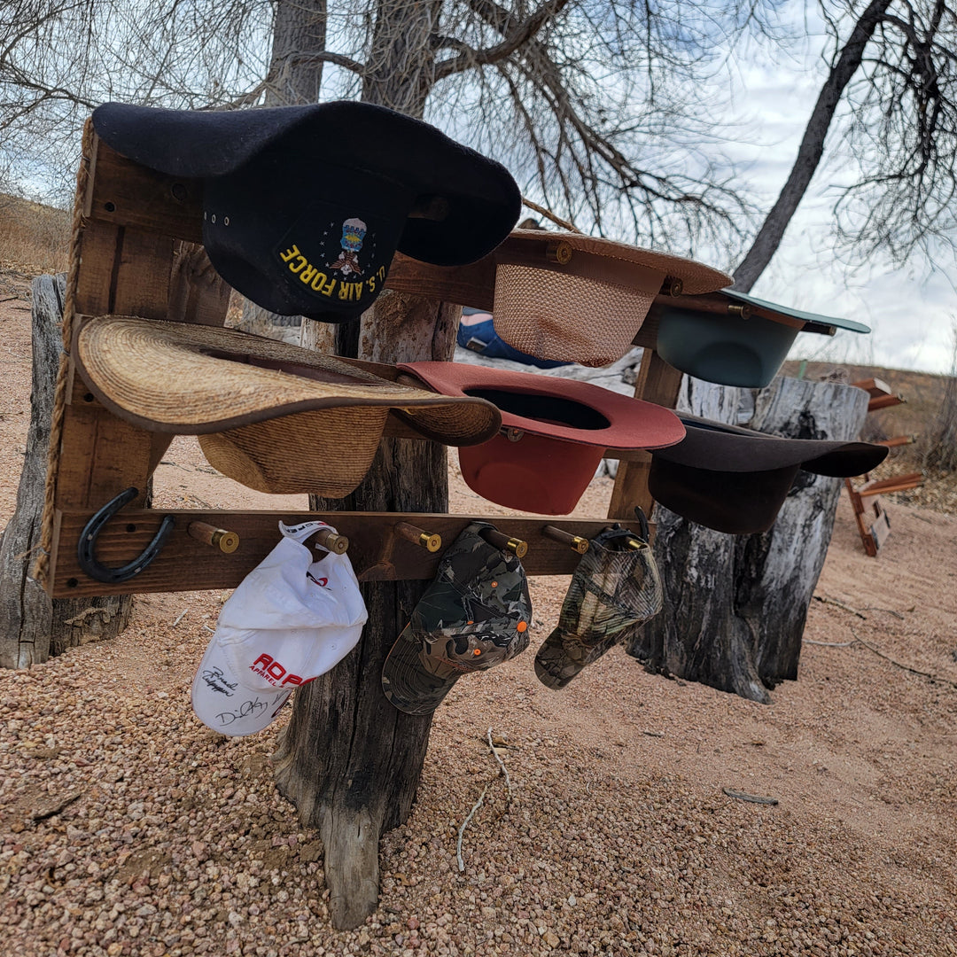 Wall-hanging hat organizer with multiple hat styles and horseshoe hooks across wooden bars