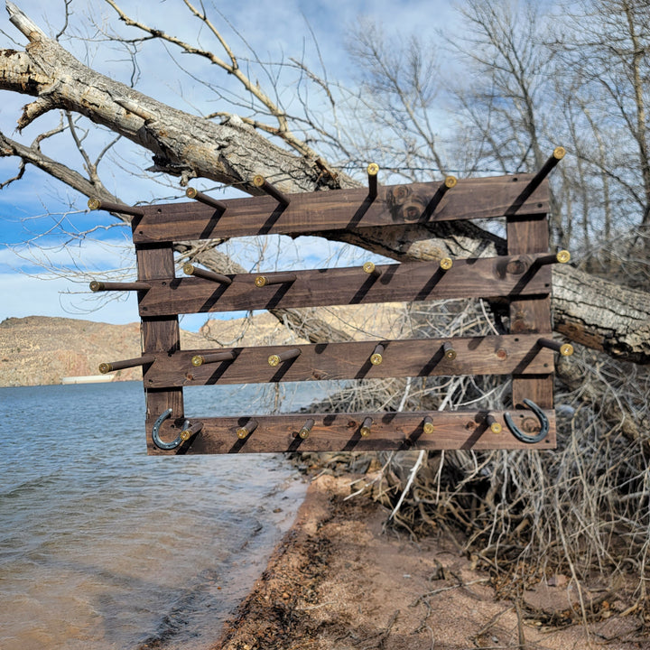 Outdoor wall-hanging wooden organizer rack with multiple peg bars and curved hooks