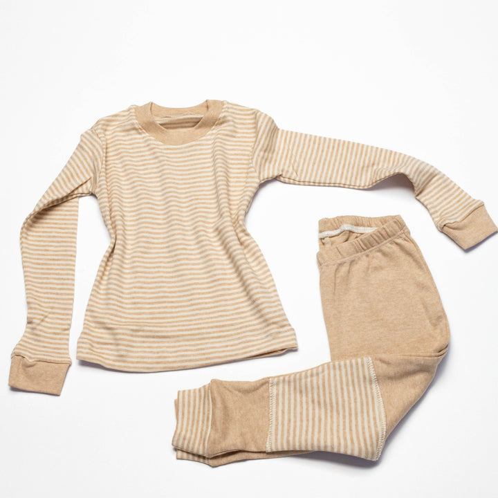 Baby pajama set with long-sleeve striped shirt and matching jogger pants, beige and orange