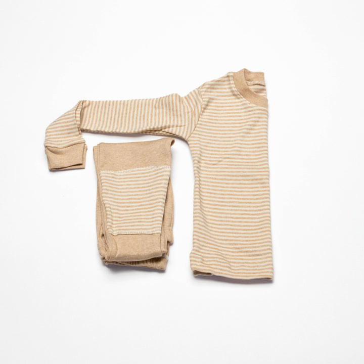 Baby pajama set: long-sleeve striped tunic top and matching beige pants, beige with orange stripes