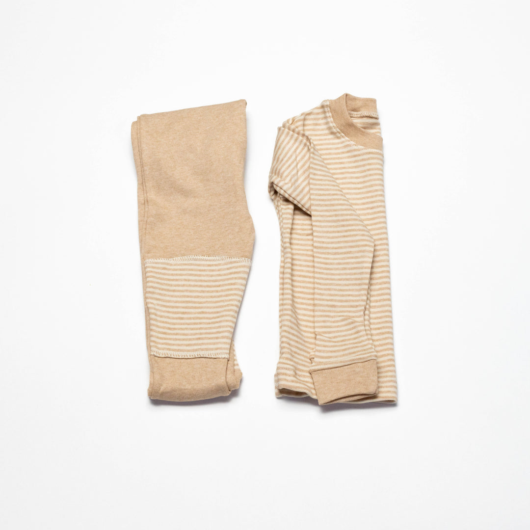 Organic baby pajamas set: striped long-sleeve top and solid pants in beige