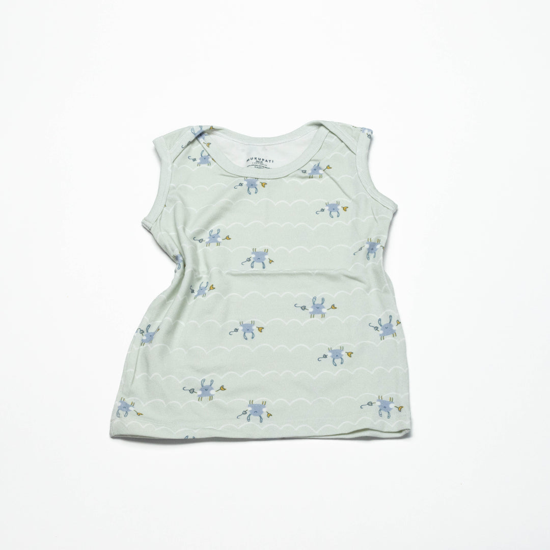Toddler sleeveless undershirt, pale mint with dinosaur and cloud stripe print