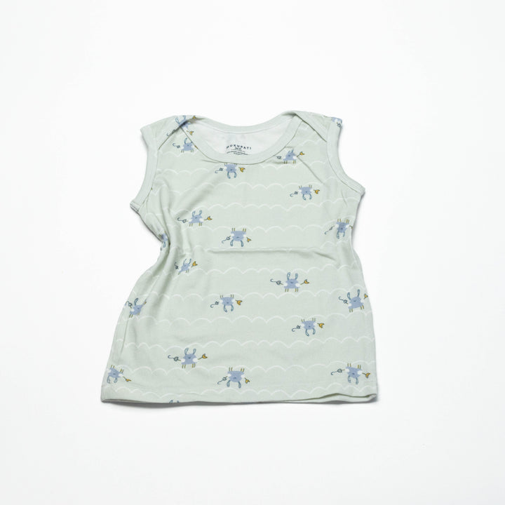 Toddler sleeveless undershirt, pale mint with dinosaur and cloud stripe print