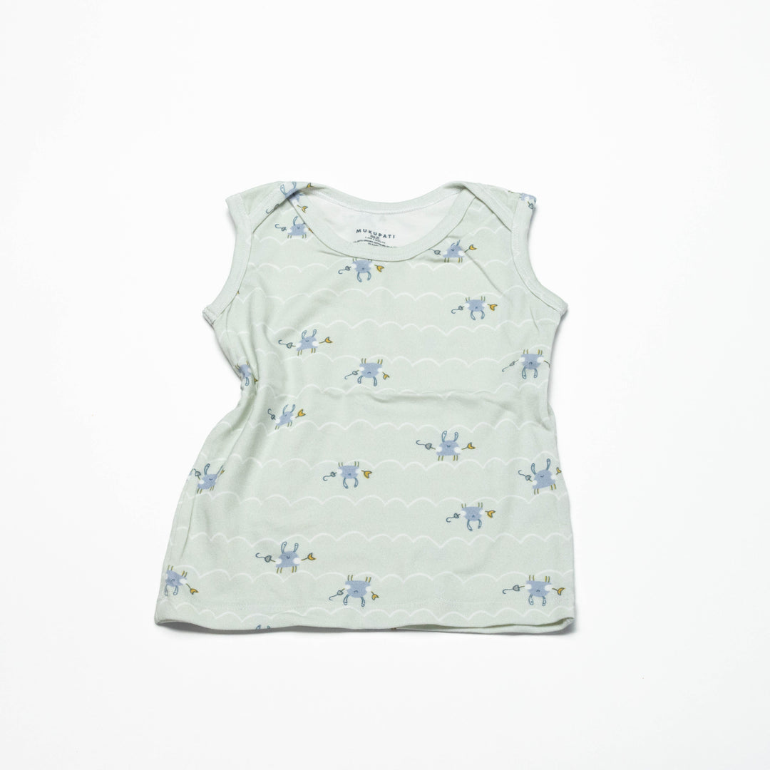 Toddler sleeveless undershirt, pale mint with dinosaur and cloud stripe print